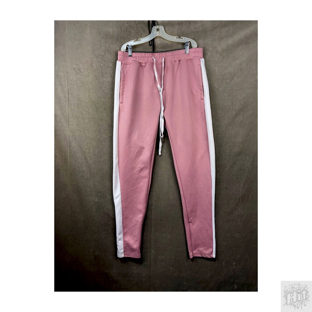 Bleeker & Mercer Pink Track Pants with White Side Stripes and Drawstring Waist
